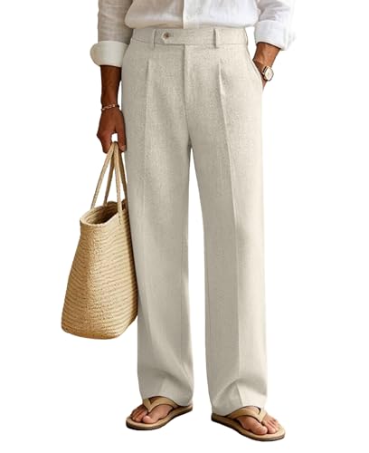 Image of FETDOSING Wide Leg Casual Baggy Dress Trousers Men Linen Pleated Vintage Work Summer Oversized Lightweight Trousers Brown