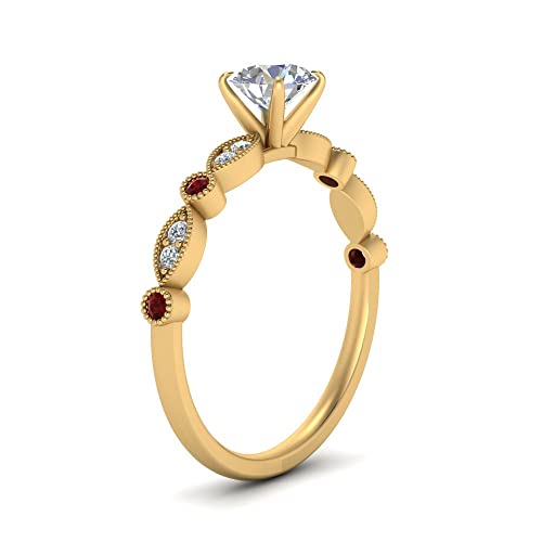 Image of Choose Your Gemstone Vintage Scalloped Diamond CZ Ring Yellow Gold Plated Round Shape Milgrain Engagement Rings Matching Jewelry Wedding Jewelry Easy to Wear Gifts US Size 4 to 12