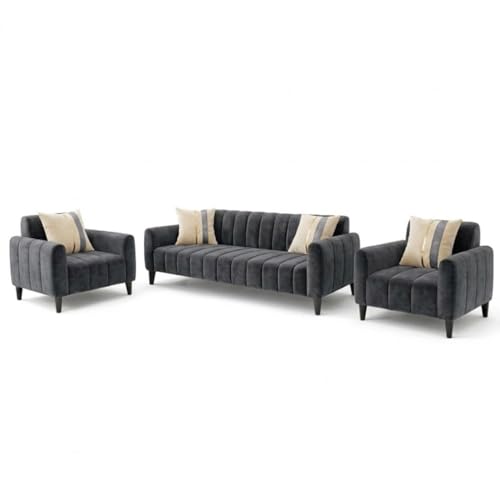 Image of CASASTYLE Harmelia 3 Seater + 1 Seater + 1 Seater Fabric Sofa Set (Dark Gray) with Velvet Finish | Durable Comfort | Ideal for Living Room