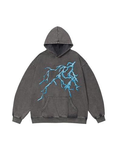 Vamtac Lightning Graphic Hoodies for Men Oversized Unisex Wash Hoodie Y2k Vintage Pullover Hooded Sweatshirt