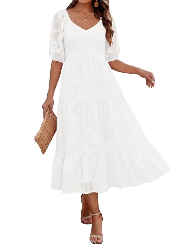 Caracilia Women's 2026 Summer Casual Maxi Dresses Short Puff Sleeve V Neck A Line Floral Flowy Boho Wedding Guest Party Dress White Medium