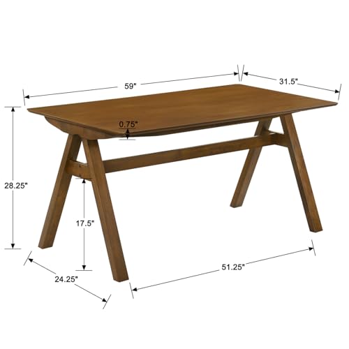 Image of DUOMAY Wooden Dining Table, Square 59 inch Wide Kitchen Table for 4-6 People, Mid Century Rectangular Dinner Table with Trestle Base for Home Restaurant, Walnut Color