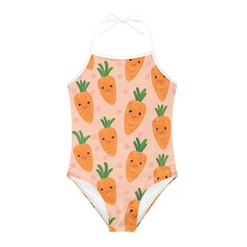 Image of KiuLoam Orange Pink Tropical Leaf Girls One Piece Swimsuit Quick Dry Beach Swim Bathing Suit for 3-8 Years Little Girls