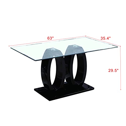 Henf 63" Contemporary Dining Table For 6, Tempered Glass Top Dining Room Table With High-Gloss Double Pedestal, Rectangle Dinner Table Kitchen Table Home Office Meeting Table (Black) #TOP1
