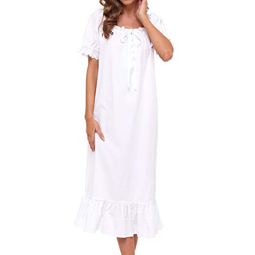 Lu's Chic Women's Victorian Nightgown Cotton Sleepwear Long Loungewear Short Sleeve Soft Nightwear Night Dress Sleep Calf Length Ruffle Nightdress Scoop Neck Lace Solid White Medium #TOP5