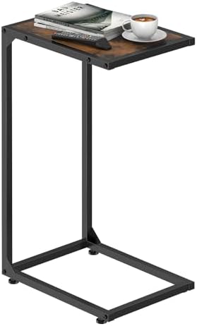 Couch Side Table for Small Spaces Living Room C Shaped End Table with Metal Frame, TV Tray Tables for Bedroom Slide Under Sofa, Rustic Brown