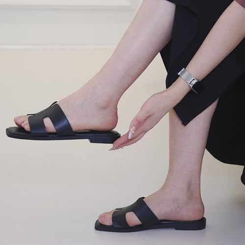 Image of Womens Slip On Flat Sandals Soft Leather Open Toe Slide for Summer Dressy