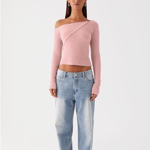 Image of Women Off Shoulder Long Sleeve Sweater Y2K Ribbed Knit Pullover Solid Crop Top Going Out Boat Neck Blouse