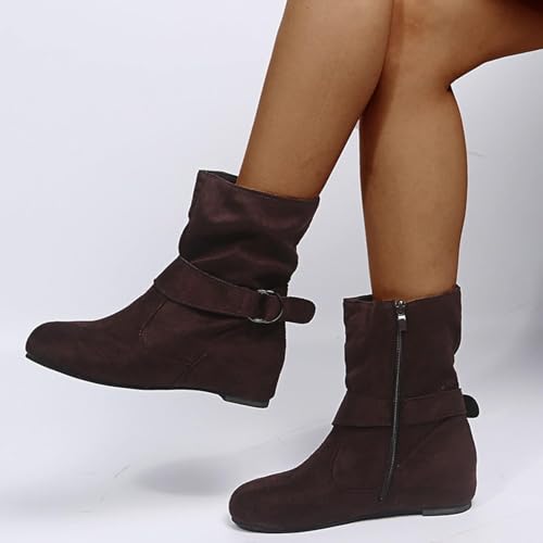 Brand Women's Casual Ankle Boots - Flat Fringe Mid Calf Low Heel Fashion Slouchy Suede Round Toe Slip On Zipper Booties for Winter Fall Dress Short Boots Comfort Outdoor Snow Boots2