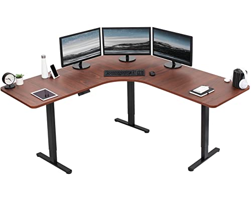 VIVO Electric Height Adjustable 71 x 71 inch Curved Corner Stand Up Desk, Dark Walnut Table Top, Black Frame, Memory Controller, L-Shaped Workstation, E3C Series, DESK-KIT-E3CBD