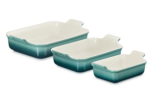 Image of Le Creuset Stoneware Heritage Rectangular Baking Dish, 3 pc., Riviera | Set of 3: one 12.5-inch dish (4 qt.), one 10-inch dish (2.5 qt.) and one 7.5 inch dish (1.1 qt.)