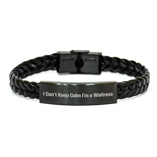 AddictiveDesignsCo Funny Waitress Gifts for Her, I Cant Keep Calm I'm A Waitress Christmas Unique Jewelry for Women, Interlaced Leather Bracelet with Engraved Stainless Steel