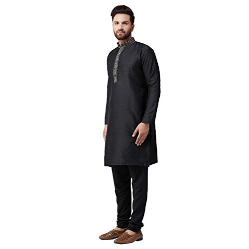 Image of SOJANYA (Since 1958 Mens Maroon Jacquard Silk Kurta and Black Churidaar Pyjama Set
