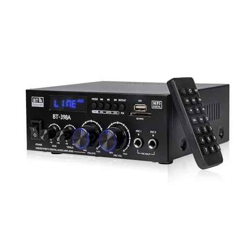 2 Canales Amplificador, 1000W Audio Estéreo, Bluetooth 5.3 Mini Hi-Fi Amp, para Dos 60W x2 Altavoces de Unas 10 Pulgadas, Bass/Treble/AUX/FM/MIC/USB, para TV, para el hogar o tu Coche (398A)