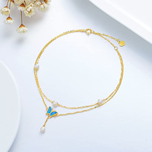 Rikelus 14K Real Gold Butterfly Anklets For Women Girls,Solid Gold Blue Opal Butterfly Ankle Bracelet Layered Foot Anklet Sea Beach Jewelry Gifts For Mothers Day Birthday 7.5/8+2 Inch #TOP4