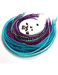 Feather Hair Extensions, 100% Real Rooster Feathers, Long Violet, Purple, Blue Colors, 20 Feathers with 20 Beads and Loop Tool Kit by Sexy Sparkles
