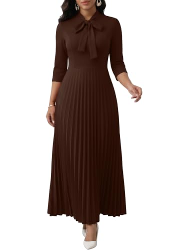 Image of FANDEE Maxi Dress for Women Formal 3 /4 Sleeve Pleated Empire Long Dress Semi Formal Tie Neck Office Work Dresses