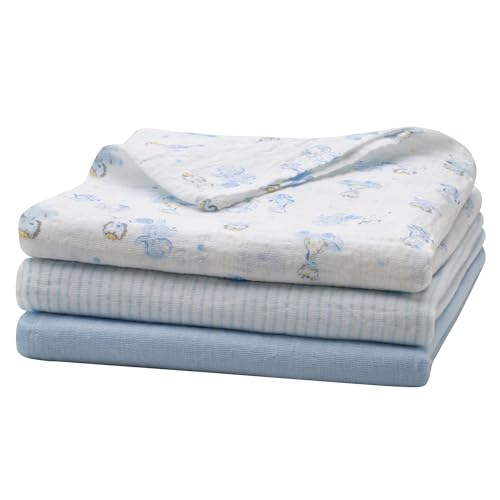 Image of 3 Pack Cotton Muslin Swaddle Blankets for Baby, 40 inch x 36 inch, Lightweight, Breathable, Blue, (Nursery Animals, Giraffe, Lion, Elephant)