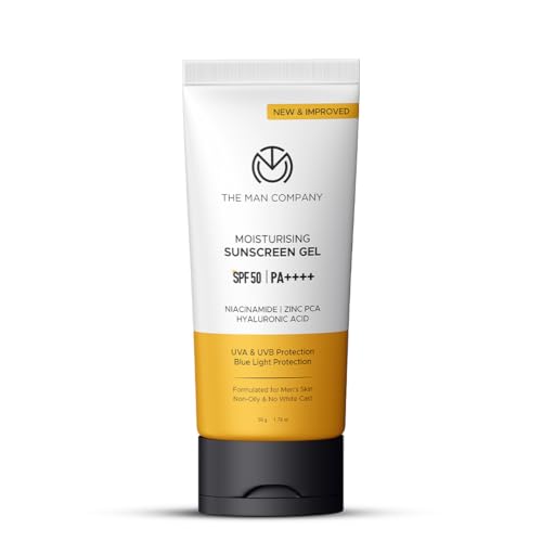 Image of The Man Company Moisturising Sunscreen Gel for Men | SPF50 PA++++ | Broad Spectrum UVA UVB Protection | For Oily, Dry & Normal Skin| Bluelight Protection | New Gen UV Filters | No White Cast | Non-Greasy and Lightweight | Hydrating| 50g