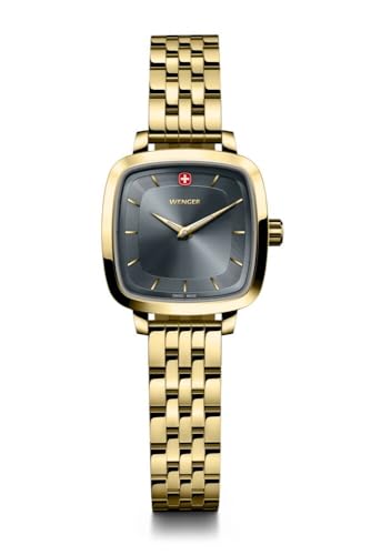 WENGER Damen Armbanduhr Vintage Classic Ø 27 mm, Swiss Made, Analog Quarz, Wasserdicht bis 50 m, Edelstahl-Armband, Gold/Schwarz, 01.1911.106