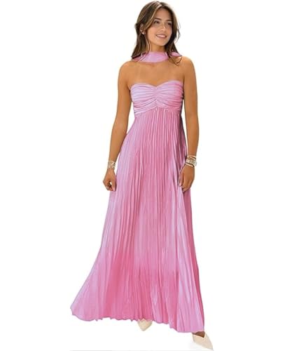 Women Bridesmaid Dress with Scarf Strapless Pleated Flowy Formal Evening Gown Maxi Dresses,Pink,M