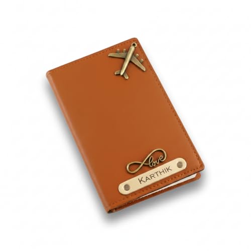 Image of Personalised Name & Charm Leather Passport Cover (TanBrown) | Customised Gifts for Men Women