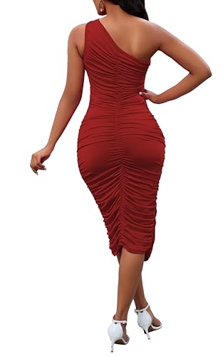 Image of Womens One Shoulder Dress Sexy Ruched Bodycon Midi Party Dress Sleeveless Cocktail Wedding Guest Club Night Outfit