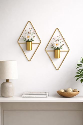 Image of Wall Mounted Flower Vase, Gold Geometric Diamond Shape Metal Frame with Cylindrical Holder, Set of 2 (with Artificial Flowers)