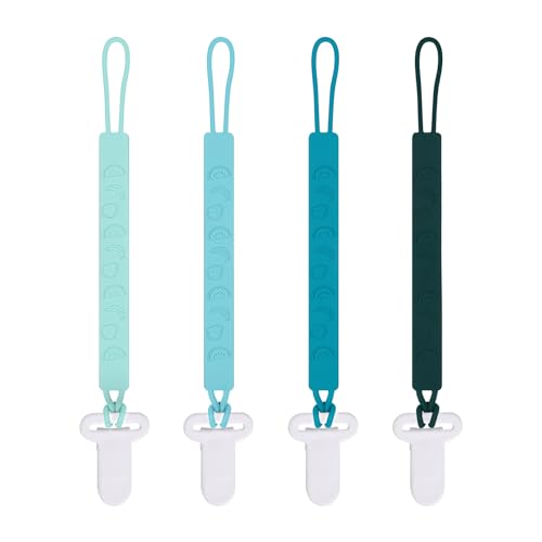 One Piece Design Silicone Pacifier Clip Holder for Baby Boys and Girls,Pack of 4 Flexible Paci Leash,Binky Clips,Newborn Essentials (Fruits, Green)