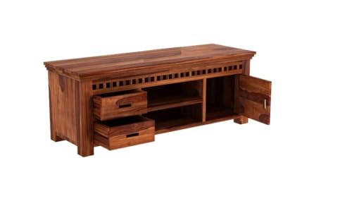 Image of Solid Wood TV Unit for Living Room 43 Inch Furniture - Wooden TV Unit with Storage Cabinet with 2 Drawr, 3 Shelves Wooden TV Cabinet for Living Room - Fits up to 43-Inch TV (Waylon)