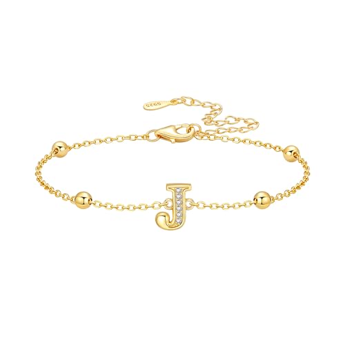 Image of MISEFF Initial Letter Bracelet, 18K Gold Plated 925 Sterling Silver, A-Z Alphabet, Cubic Zirconia, Adjustable 16.5+5cm, for Women (J)