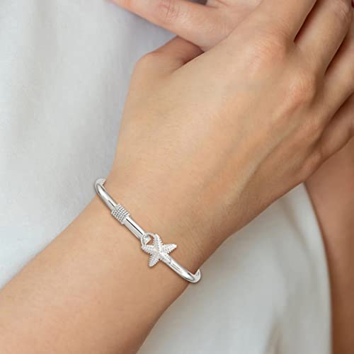 925 Sterling Silver Hinged Polished And Textured Sea Shell Nautical Starfish Cuff Stackable Bangle Bracelet Measures 36Mm Wide Jewelry Gifts For Women #TOP3