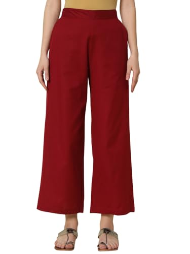 Image of FIORRA Womens Loose Mid Rise Cotton Solid Palazzo