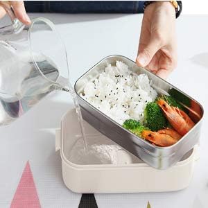 Lunch Bento Box Wood Grain Style Food Storage 2 Stackable Square Containers (White with Stainless Steel)