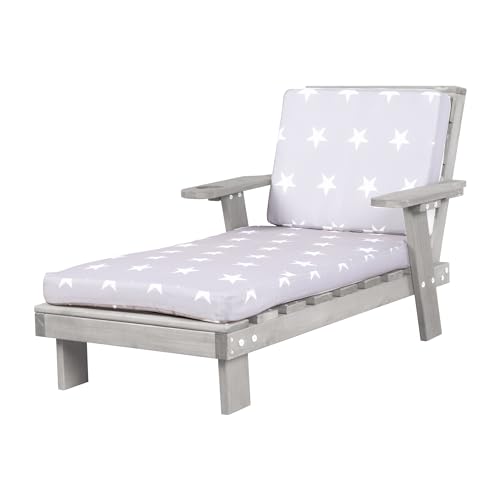 roba Chaise Longue pour Enfant avec Coussin Little Stars Déhoussable et Porte Gobelet - 1 Place Supportant Jusqu'à 50 kg - Bain de Soleil en Bois Gris Résistant aux...