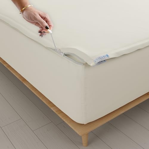 Image of QuickZip Fitted Plus Spare Bundle: 1 Fitted Sheet (Base + Zip Sheet) & 1 Zip Sheet - Easy to Change, Won't Pop Off - Soft Percale 400 TC 100% Cotton - 15 inch Deep Pockets RV King Size Sheets - Ivory