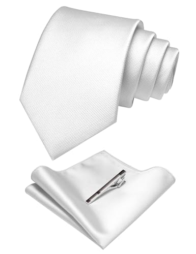 JEMYGINS Set Cravate Homme avec Pochette et Pince a Cravate Unie pour Mariage Business et Ceremonie Blanc