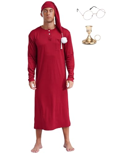 Moily Men's Christmas Nigtshirt Outfits Long Sleeve Nightshirt Pajama Set with Hats Glasses Candle Holder