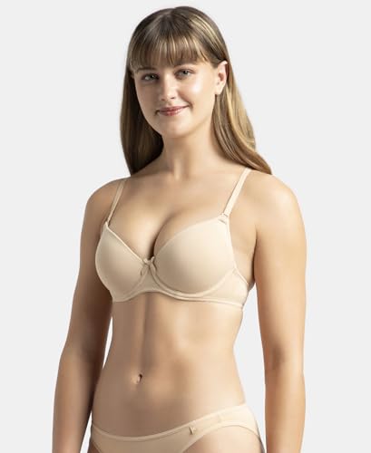 Image of Jockey 1245 Women's Under-Wired Padded Super Combed Cotton Elastane Stretch Medium Coverage Multiway Styling T-Shirt Bra with Detachable Straps
