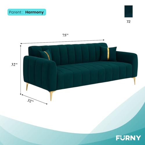 Image of FURNY Harmony 3 Seater Velvet Fabric Sofa Set (Greenish Teal) with Golden Finish Legs | Durable & Comfortable | Ideal for Living Room