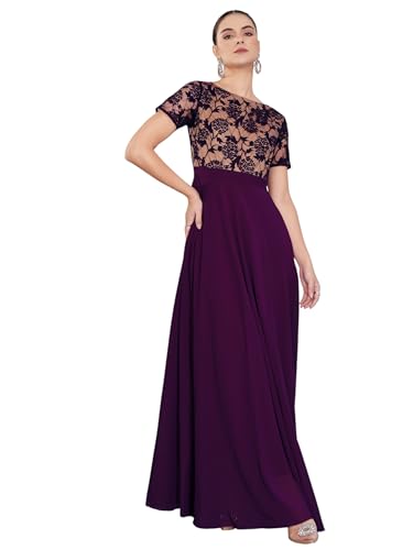 Image of Miss Chase Women's V-Neck Full Sleeve Self Design Lace-Overlaid Georgette Maxi Dress