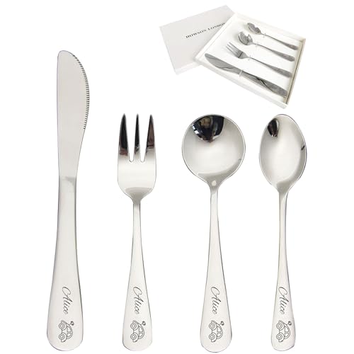 Personalized Toddler Silverware Cutlery Set of 4 Custom Stainless Steel Kids Utensils Engraved Dinner Forks Knives Spoons for kids Boys Girls (Car)