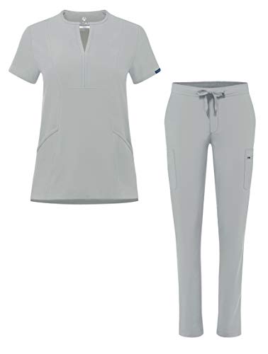 Adar Addition Go-Higher Scrub Set for Women - Notched V-Neck Scrub Top & Skinny Cargo Scrub Pants - A9600 - Silver Gray - L