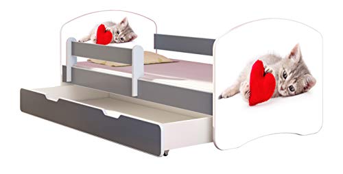 ACMA Kinderbett Jugendbett mit Einer Schublade und Matratze Grau mit Rausfallschutz Lattenrost II (40 Katze mit Herz, 180x80 + Bettkasten)