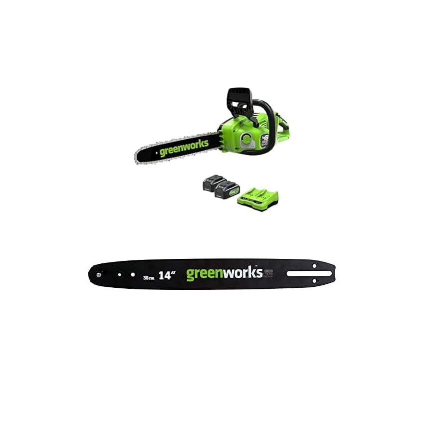 Greenworks 48V(2x24V) Motosega a Batteria con Motore Brushless, con due 4Ah e Caricabatterie Gemello + Greenworks 35cm Barra