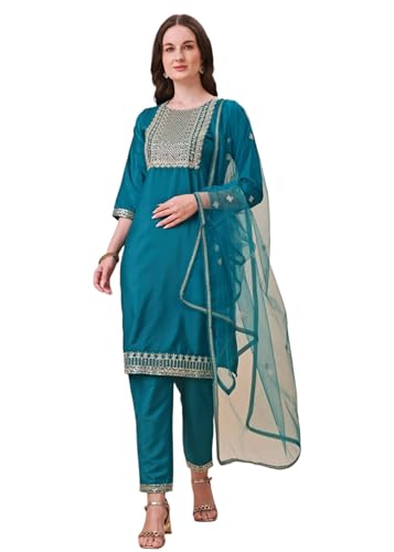 Costume droit brodé Jari 15613 soie indienne vêtement traditionnel