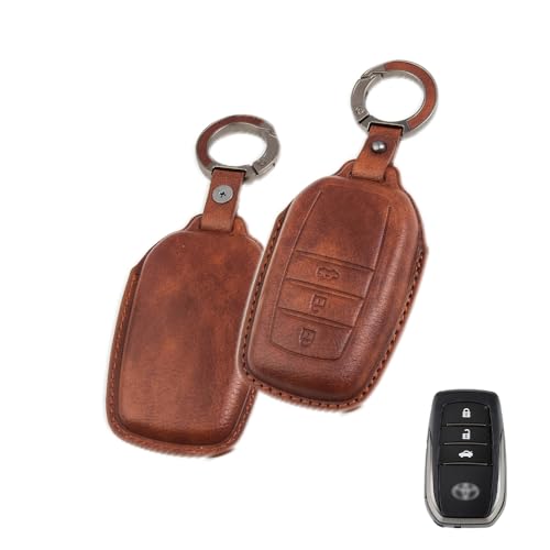 Image of Keyzone Vintage Leather Key Cover for Toyota Fortuner, Legender, Land Cruiser, Innova HyCros, 3 Button Smart Key (VL- Brown)