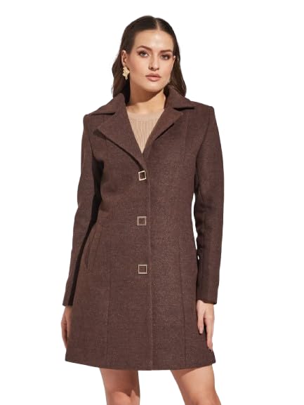 Image of Latin Quarters Women's Brown A-Line Lapel Collared Casual Solid Coat