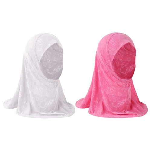 2Pcs Girls Muslim Khimar Hijab Scarf Floral Head Scarf Islamic Arab Head Wrap for Age 2-6 Years