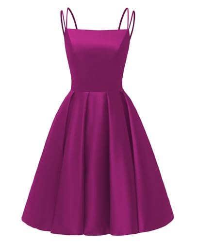 Image of Tianzhihe Satin Homecoming Dresses for Teens 2026 Spaghetti Straps A-line Square Neck Short Cocktail Party Dress with Pockets
